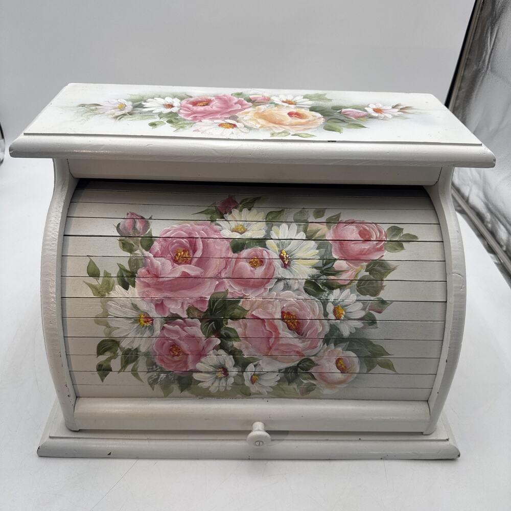 Vtg Wooden Bread Box Roll-Top Knock On Wood Corp USA - Custom Painted Signed ‘04